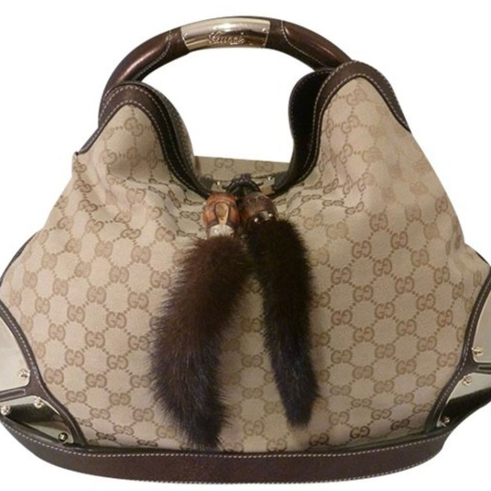 Gucci Cream and Brown Hobo Bag with Wooden Handle